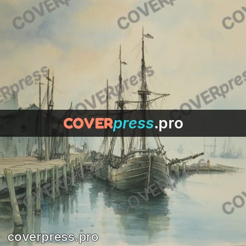 Miyazaki style illustration: sailing ships at a misty pier