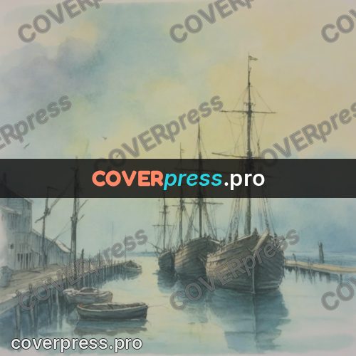 Miyazaki style illustration: sailing ships at a misty pier