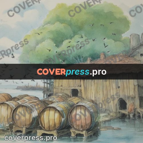 Miyazaki style illustration: barrels by the water