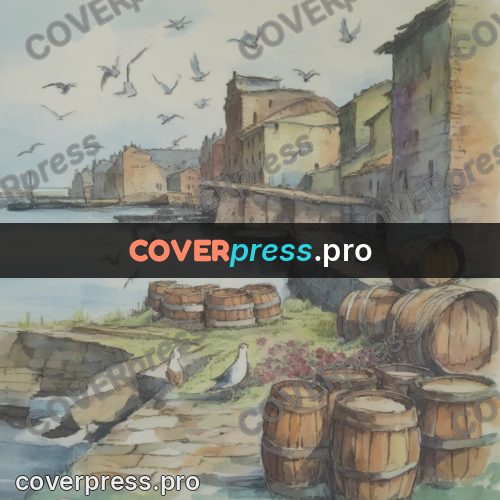 Miyazaki style illustration: barrels by the water