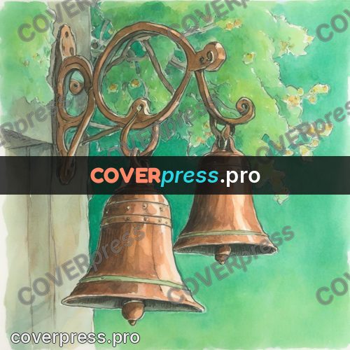 Miyazaki style illustration: bronze bell under a canopy