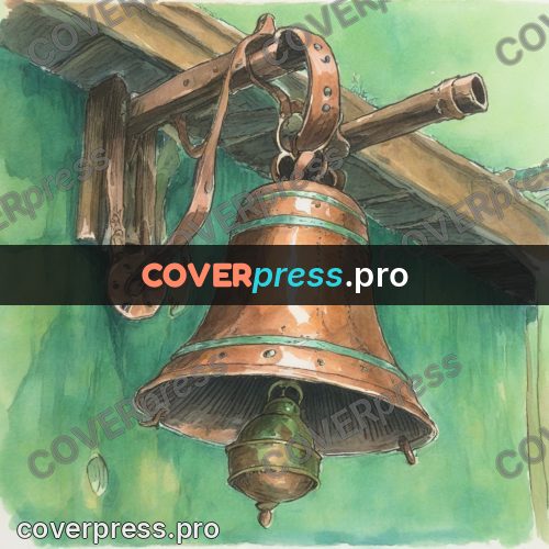 Miyazaki style illustration: bronze bell under a canopy