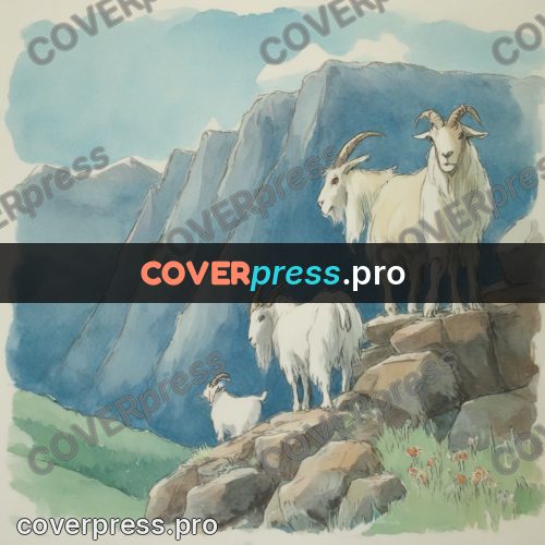 Miyazaki style illustration: white goat on the rocks