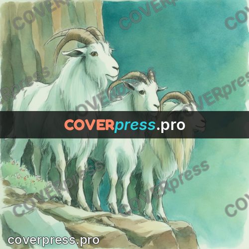 Miyazaki style illustration: white goat on the rocks