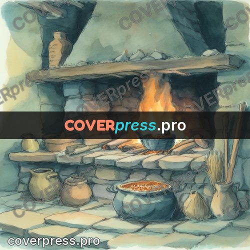 Miyazaki style illustration: hearth with fire and a pot