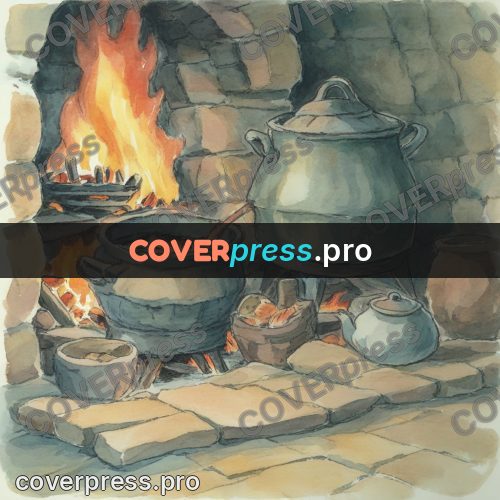 Miyazaki style illustration: hearth with fire and a pot