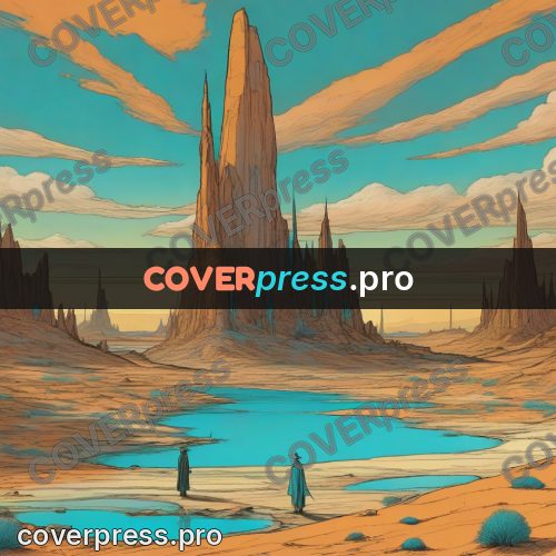 Moebius style drawing: traveller by turquoise pools