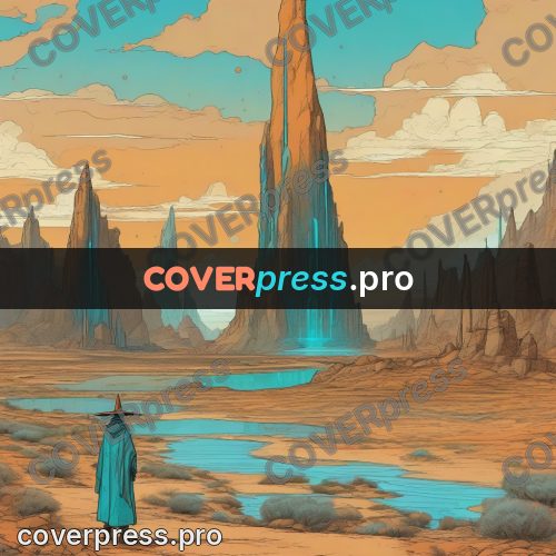 Moebius style drawing: traveller by turquoise pools