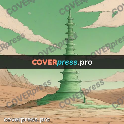 Moebius style drawing: green tower in the desert