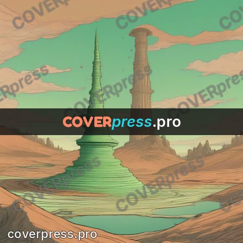 Moebius style drawing: green tower in the desert