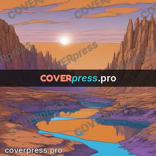 Moebius style drawing: river in a canyon at sunset