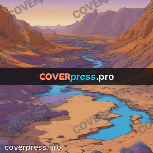 Moebius style drawing: river in a canyon at sunset