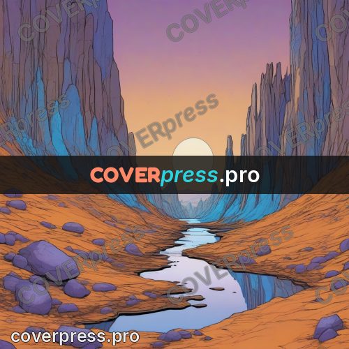 Moebius style drawing: river in a canyon at sunset