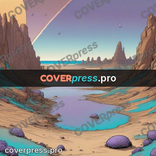 Moebius style drawing: planet above a turquoise shallow