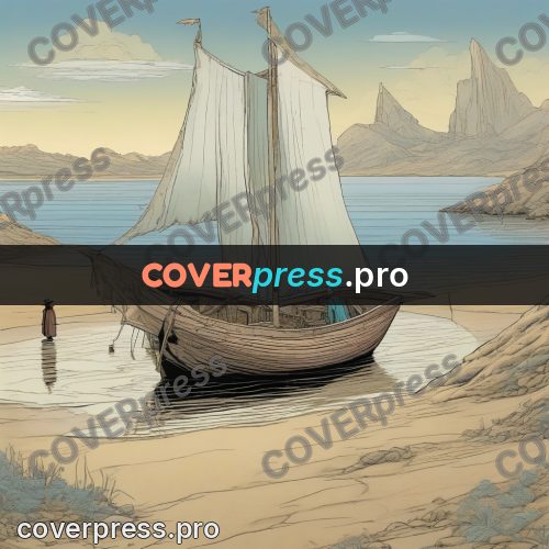 Moebius style drawing: sailing boat on a sandbank