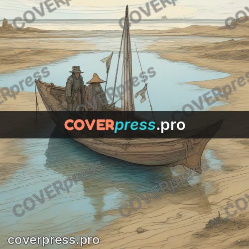 Moebius style drawing: sailing boat on a sandbank
