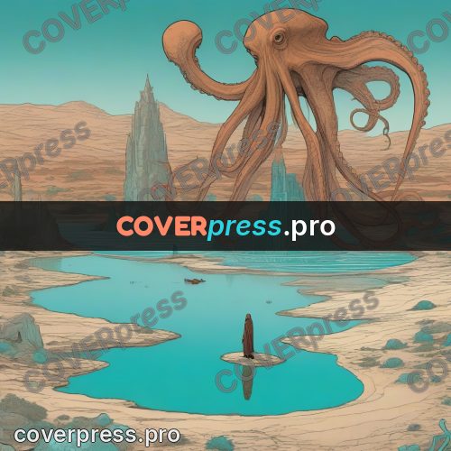 Moebius style drawing: giant octopus above a lagoon