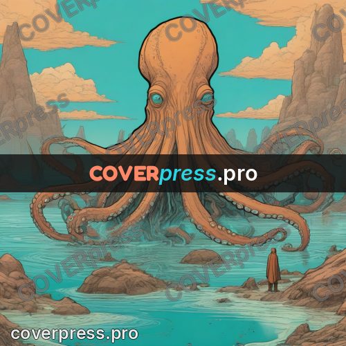 Moebius style drawing: giant octopus above a lagoon