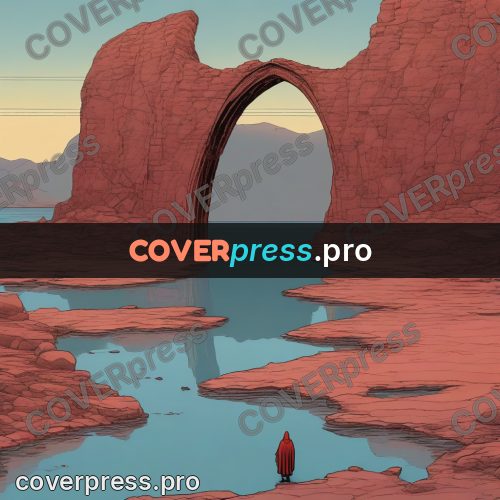 Moebius style drawing: red cliff with an arch