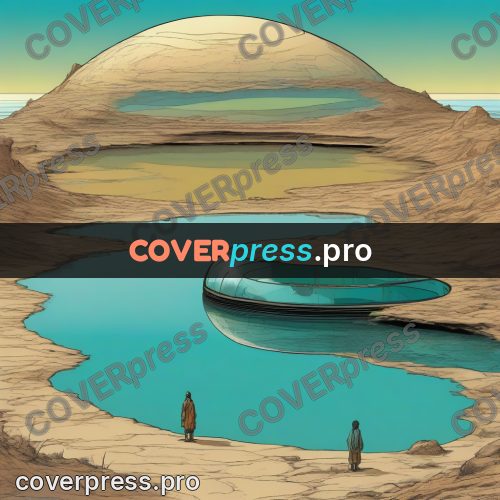 Moebius style drawing: turquoise water by a pale structure