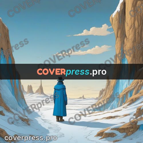 Moebius style drawing: traveller in a blue cloak
