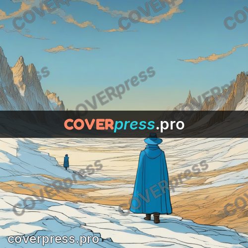 Moebius style drawing: traveller in a blue cloak