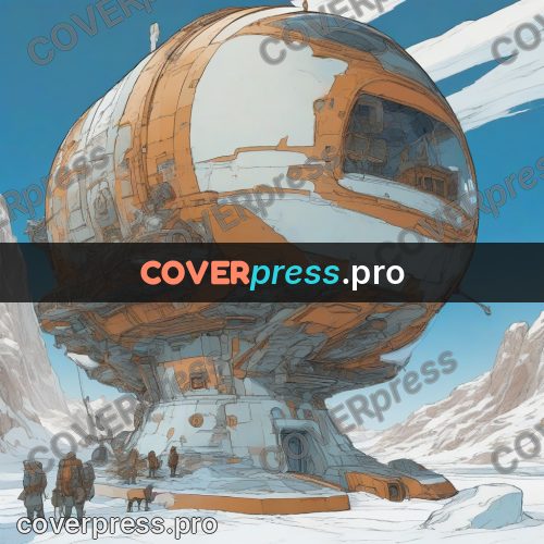 Moebius style drawing: round station in the snow