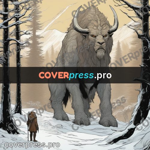 Moebius style drawing: horned beast in a snowy forest
