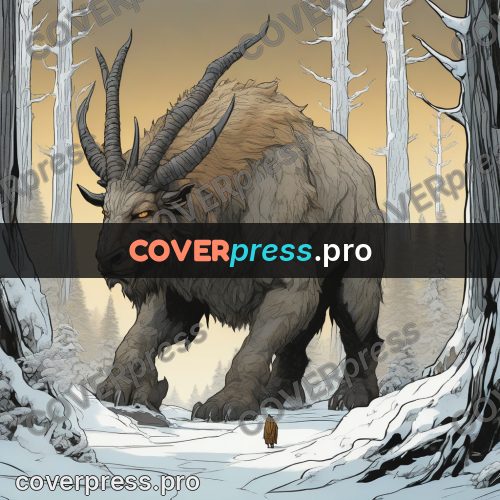 Moebius style drawing: horned beast in a snowy forest