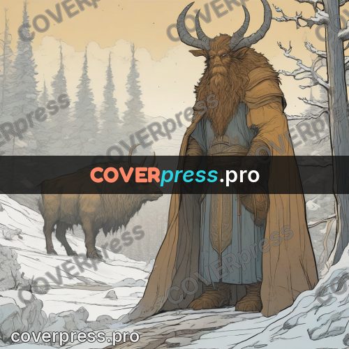 Moebius style drawing: horned beast in a snowy forest