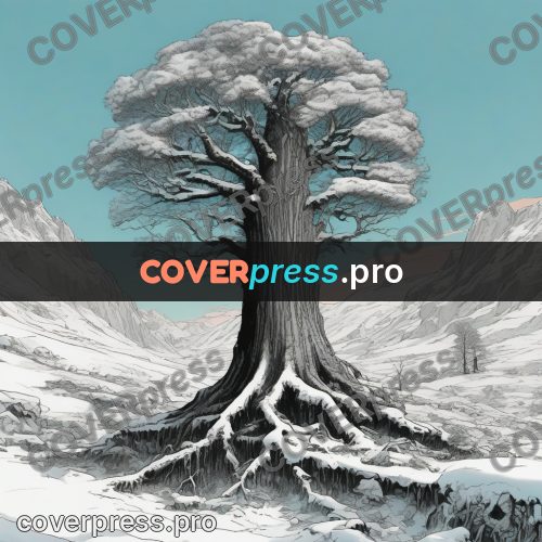 Moebius style drawing: huge tree under snow