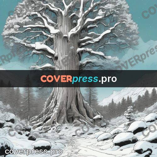 Moebius style drawing: huge tree under snow