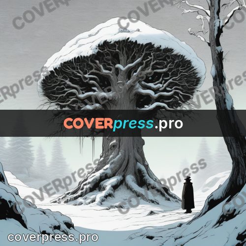 Moebius style drawing: huge tree under snow