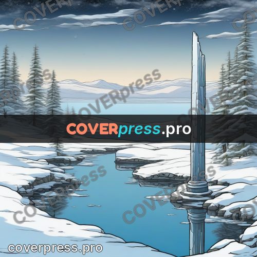 Moebius style drawing: crystal columns by a lake