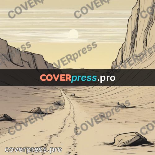 Moebius style drawing: track in the sand between cliffs