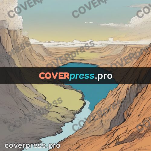 Moebius style drawing: river in a layered canyon