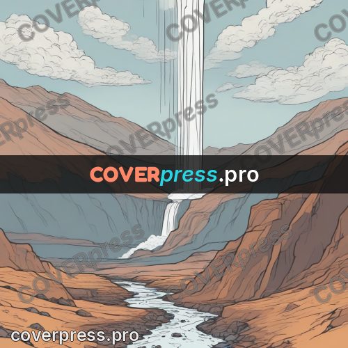 Moebius style drawing: river in a layered canyon