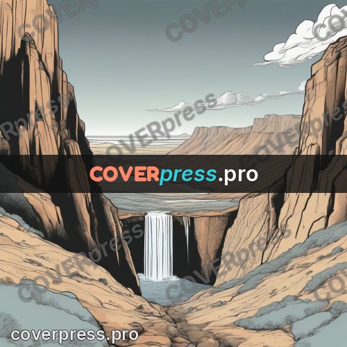Moebius style drawing: river in a layered canyon