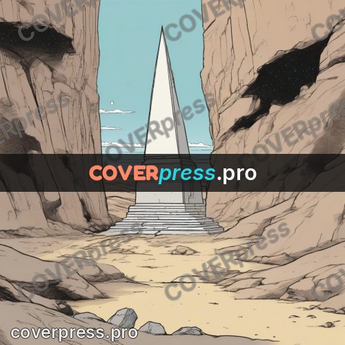 Moebius style drawing: obelisk on a stony plain