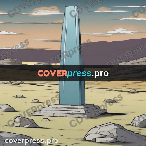Moebius style drawing: obelisk on a stony plain