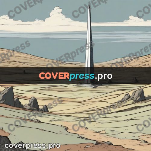 Moebius style drawing: obelisk on a stony plain