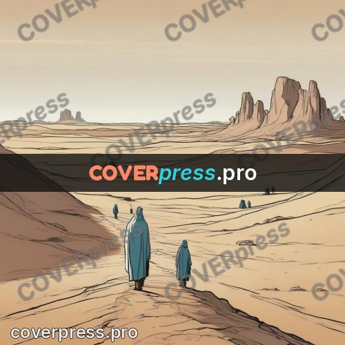 Moebius style drawing: cloaked traveller on a plain