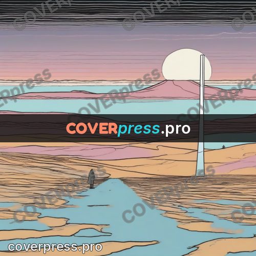 Moebius style drawing: dark spire on a pink plain