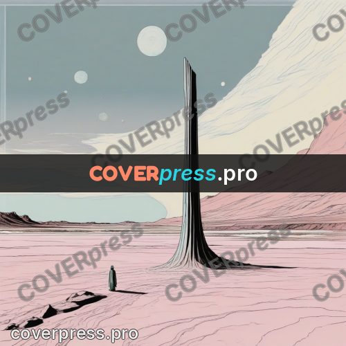 Moebius style drawing: dark spire on a pink plain