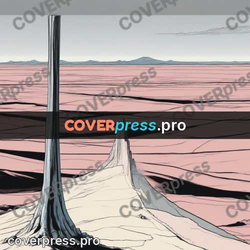 Moebius style drawing: dark spire on a pink plain
