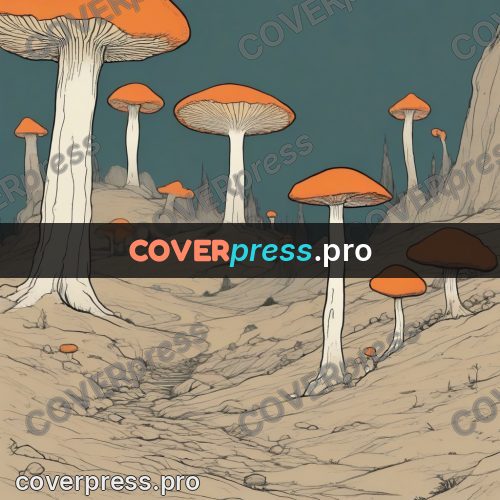 Moebius style drawing: giant mushrooms among rocks