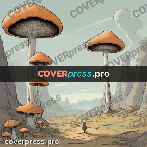 Moebius style drawing: giant mushrooms among rocks