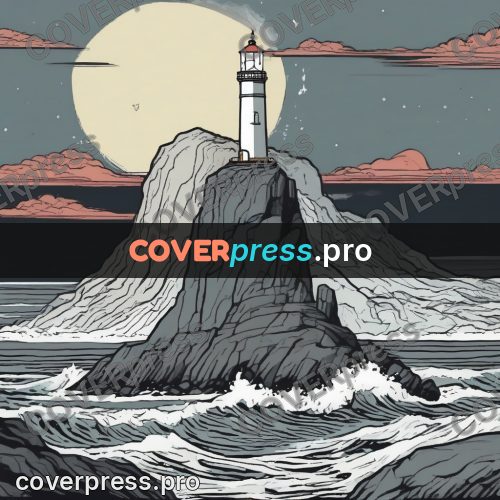 Moebius style drawing: lighthouse on a sea cliff