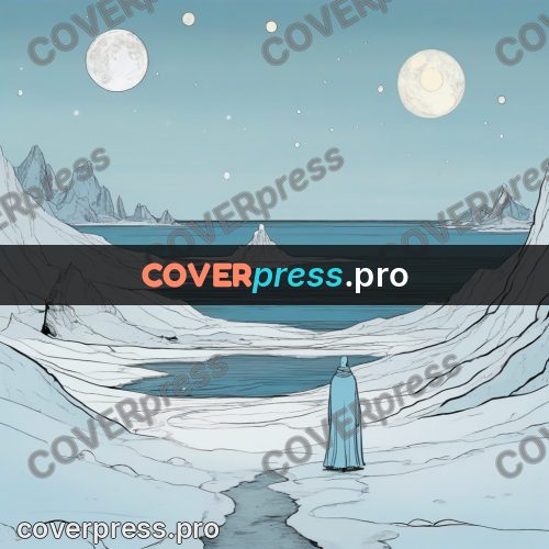 Moebius style drawing: moons above an icy plain