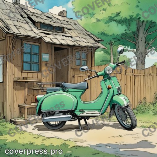 Иллюстрация в стиле Мебиуса: почтальон, мопед и тропа